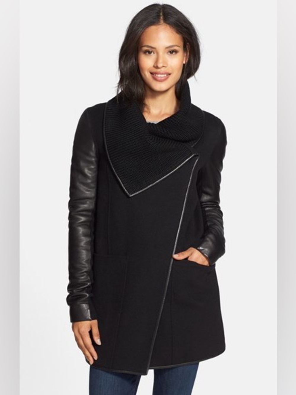 Mackage Black Wool Draped Wrap Coat with Leather Sleeves S/M
